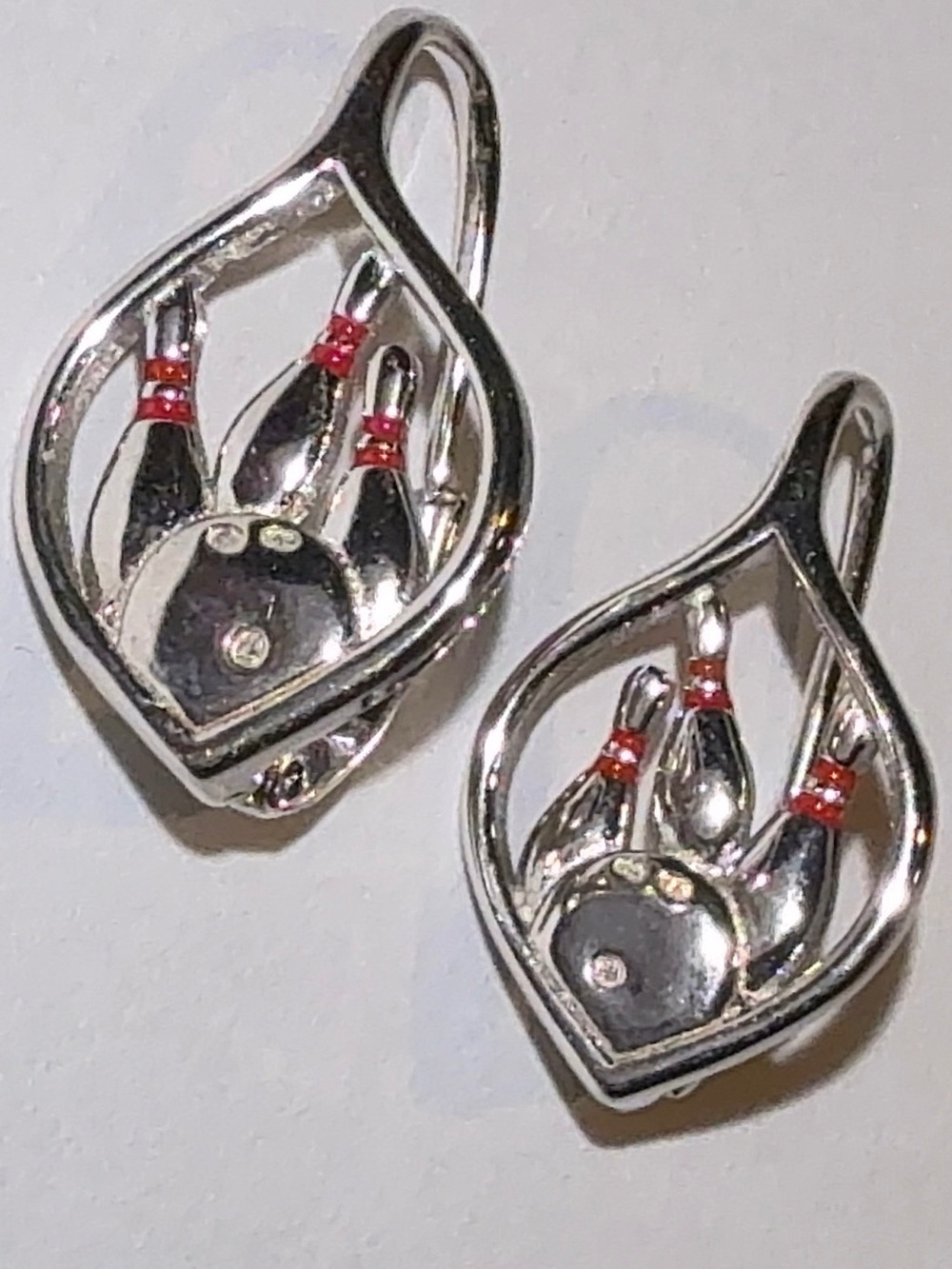 925 Sterling Silver Bowling Pin and Ball Earrings Huggies with Zirconia